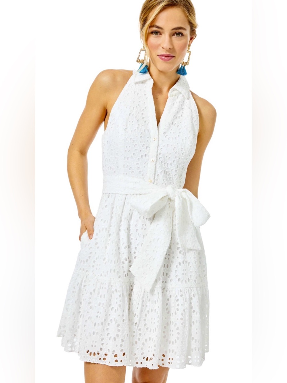 Lilly Pulitzer White Eyelet Halter Tie-Waist Dress, 14